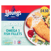 Young's Breaded 4 Omega 3 Fish Fillets (400g) box shows fillets, peas, fries, and ketchup on a plate, price £4.50, plus nutritional info.